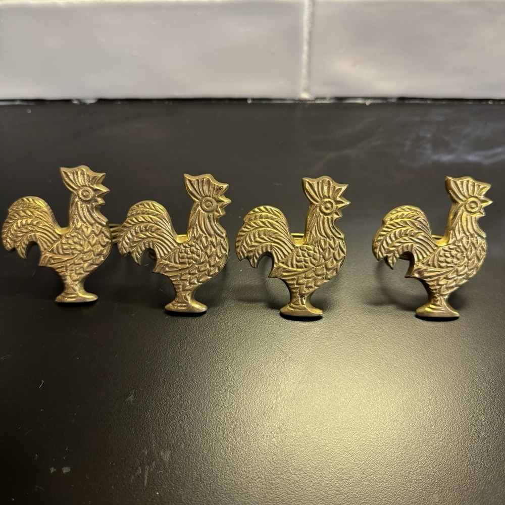 Vintage Solid Brass Napkin Rings Farmhouse Rooster‎ Chicken Country Set of 4